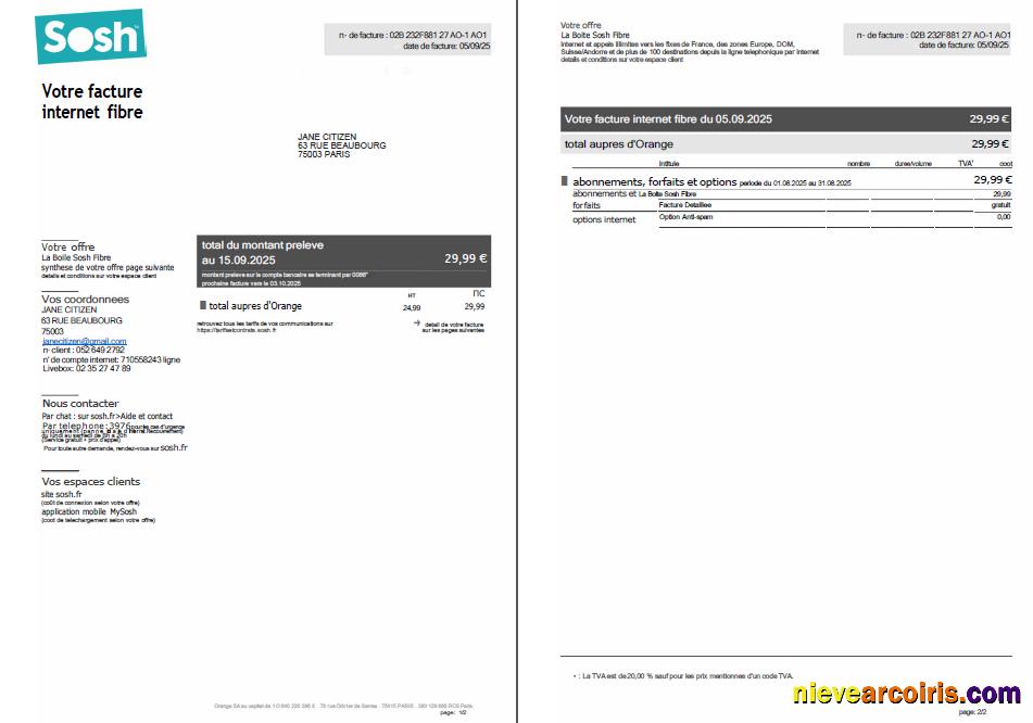 France Sosh utility bill, 2 pages
